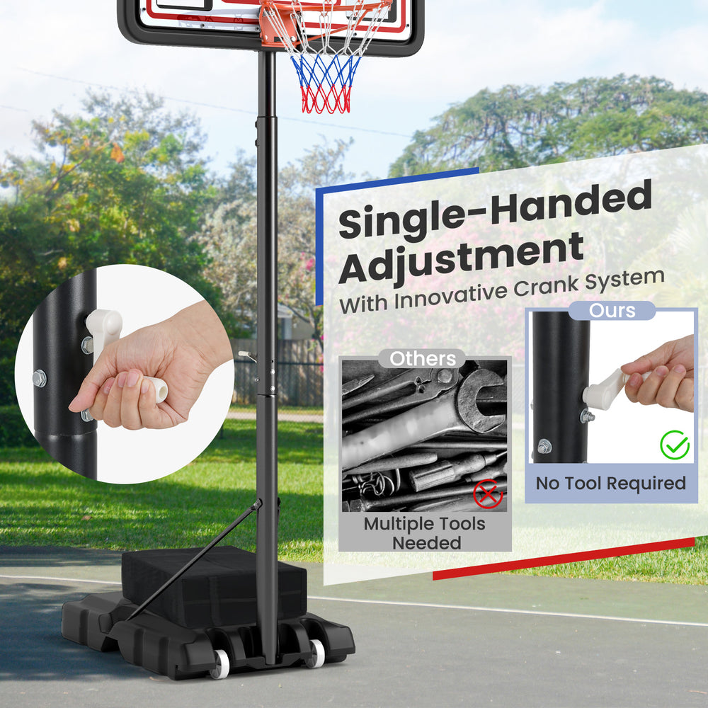 Portable basketball hoop with adjustable height, tool-free crank system, and large shatter-resistant backboard for.