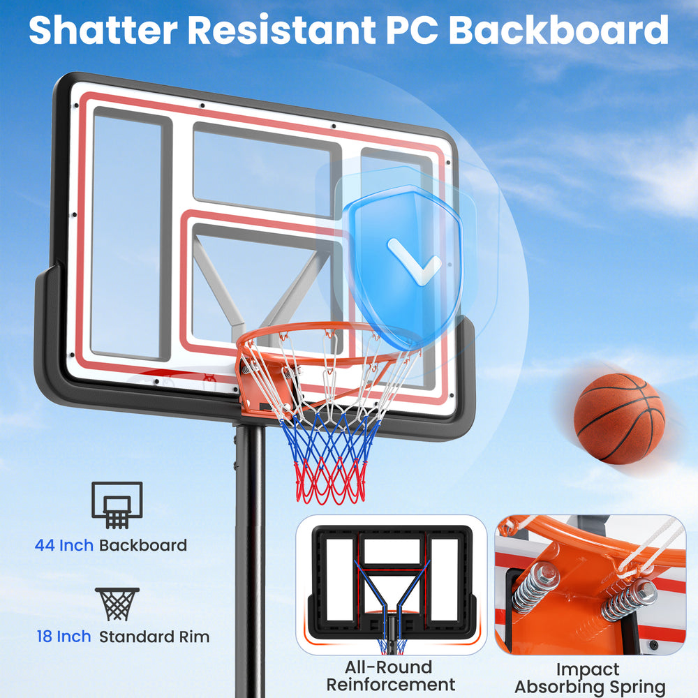 Adjustable basketball hoop with a 44" shatter-resistant backboard and 18" rim, ideal for indoor and outdoor play.