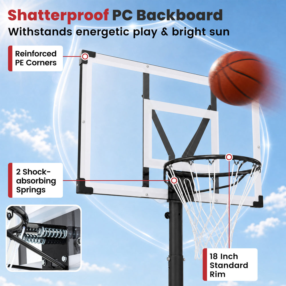 Portable basketball hoop features a shatterproof 44" PC backboard, 18" rim, and shock-absorbing springs for energetic play.