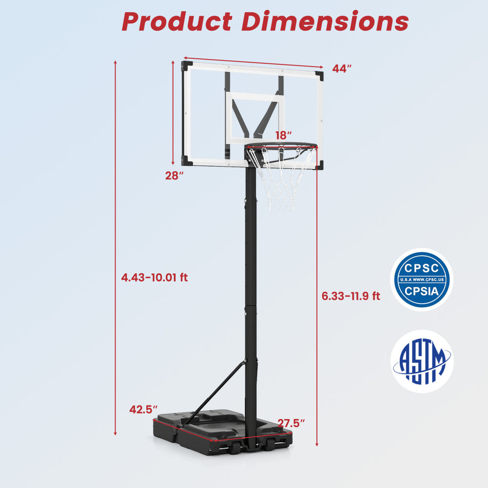 Portable basketball hoop with adjustable height from 4.43 to 10 ft, featuring a 44" backboard and fillable base for stability.