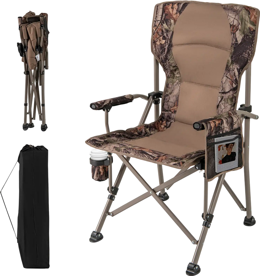 Portable camping chair with camouflage design, 400 lbs capacity, cup holder, and foldable for easy transport.