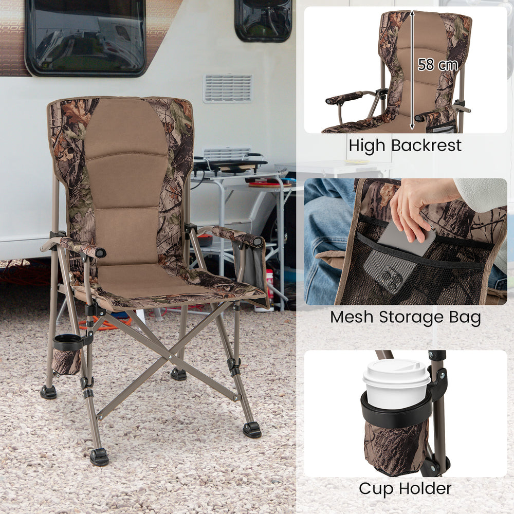 Portable camping chair with a high backrest, 600D Oxford fabric, and cup holder, perfect for outdoor activities.
