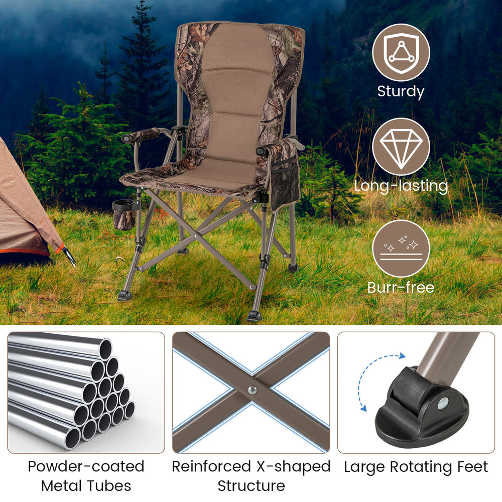 Portable camping chair with a 400 lbs metal frame, featuring a wide backrest and rotating anti-slip feet for outdoor.