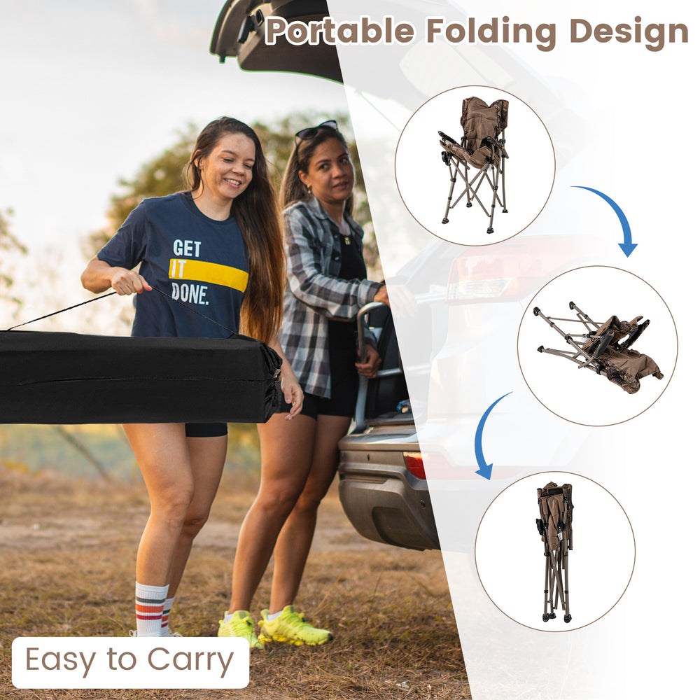 Portable camping chair with 400 lbs metal frame, foldable design, and cup holder, perfect for outdoor activities.