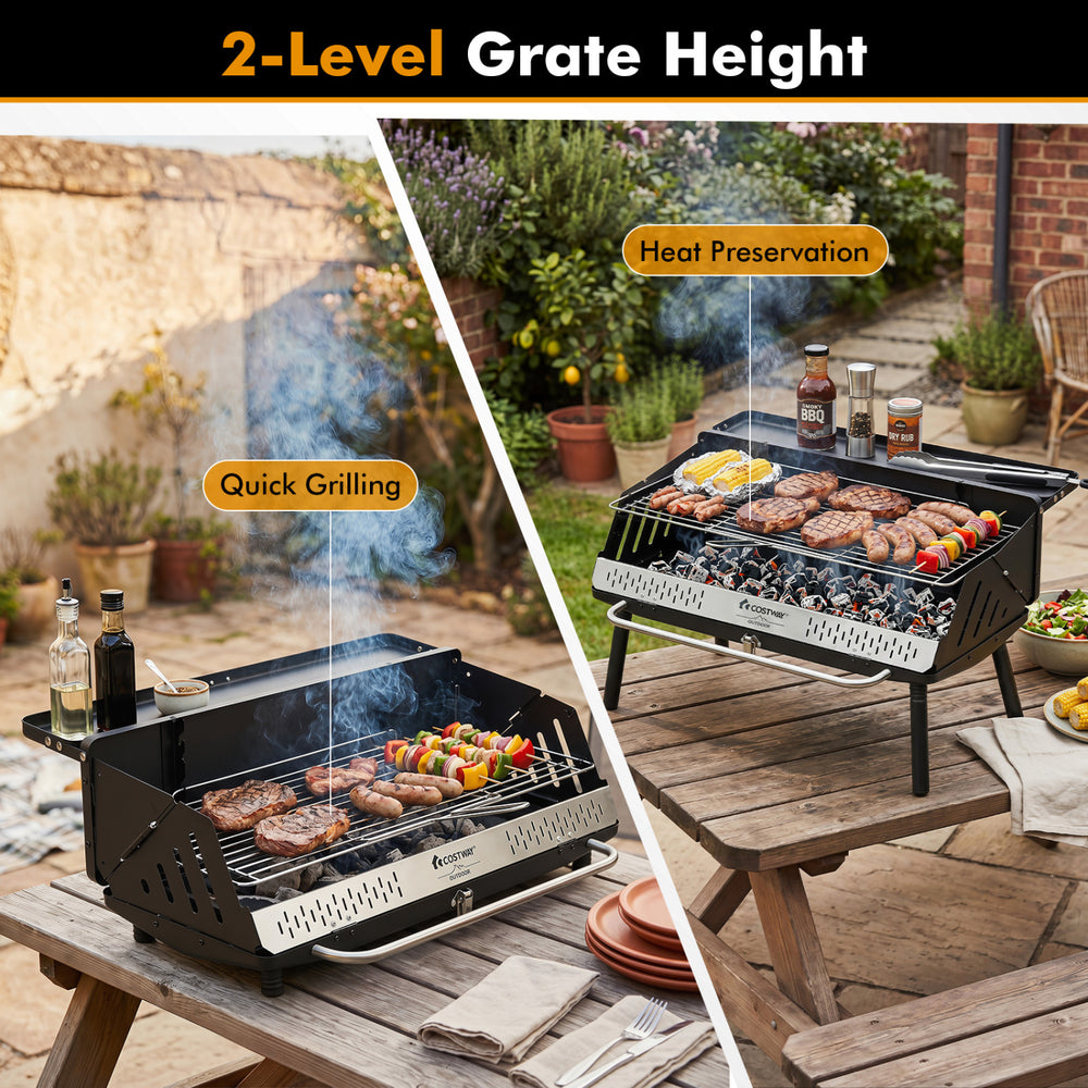 Portable charcoal grill with adjustable 2-level grate height for quick grilling and heat preservation, ideal for.