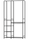 Portable black closet with double hanging rods, adjustable pants hangers, and 4 shelves for versatile storage solutions.