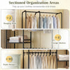 Portable black closet featuring 2 hanging rods, 4 storage shelves, and 10 adjustable pants hangers for versatile.
