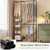 Portable black closet with double hanging rods, adjustable pants hangers, and 4 storage shelves for versatile.
