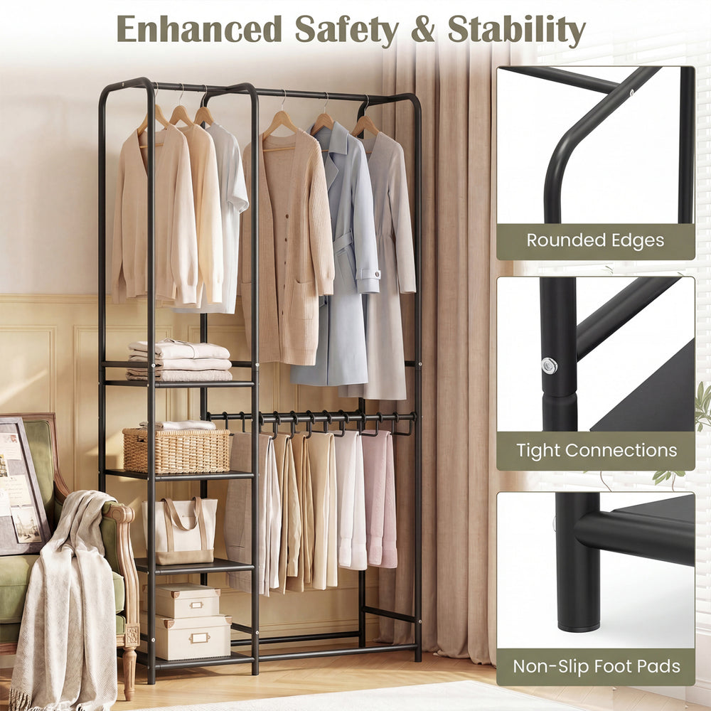 Portable black closet with double hanging rods, adjustable pants hangers, and four open storage shelves for versatile.