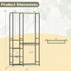 Portable black closet with dimensions, featuring double hanging rods, adjustable pants hangers, and 4 storage shelves.