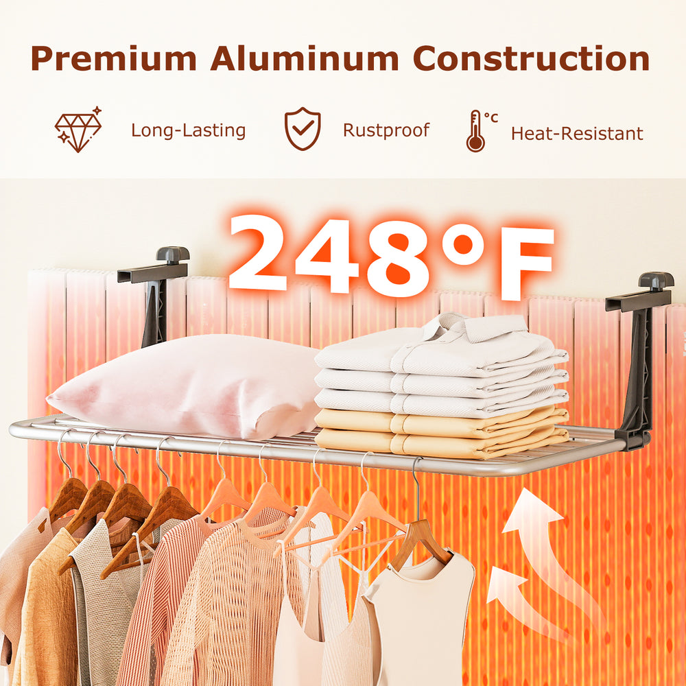 Portable aluminum clothes drying rack with adjustable brackets, featuring 7 bars for efficient drying and easy storage.