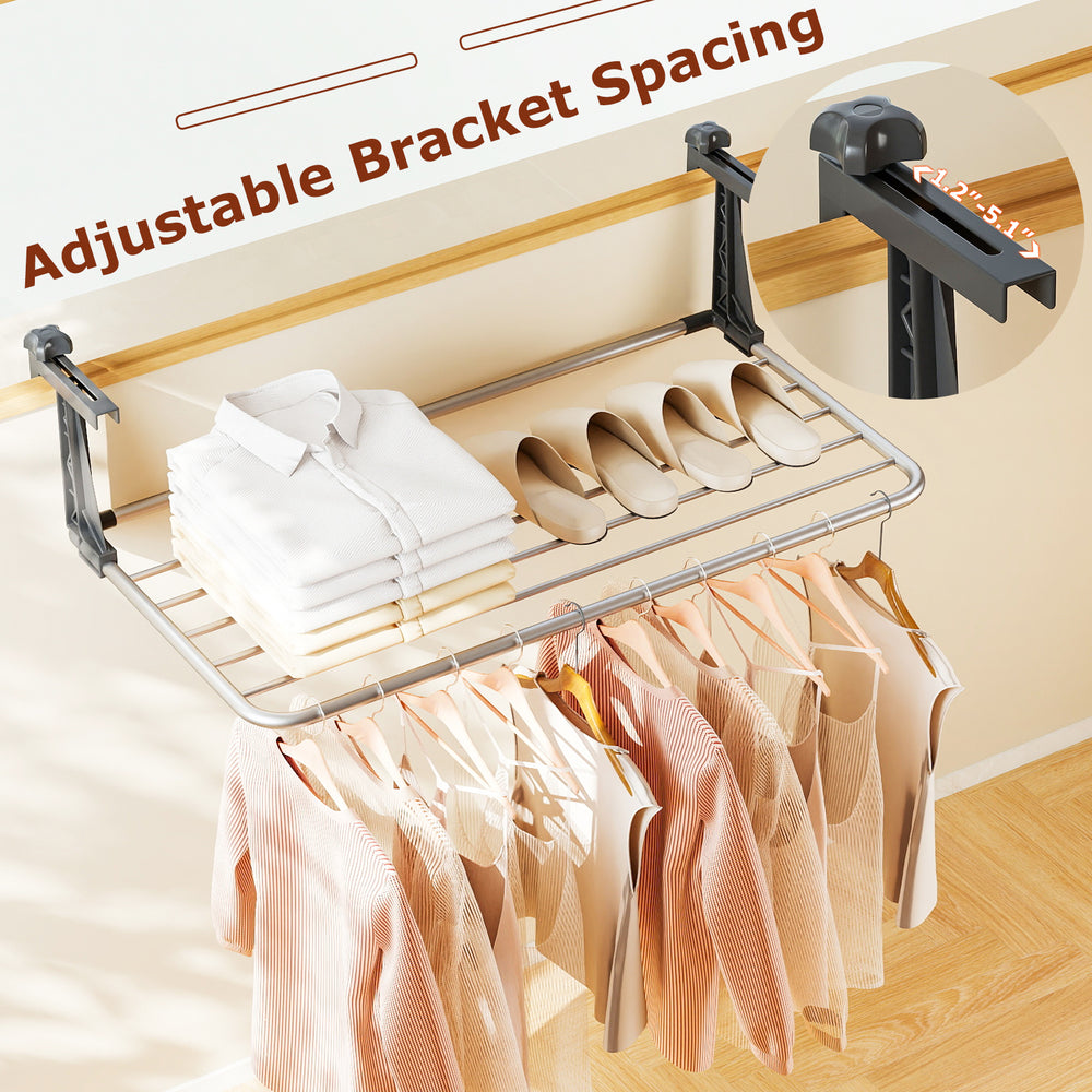 Portable aluminum clothes drying rack showcasing adjustable brackets, designed for versatile use on railings and.