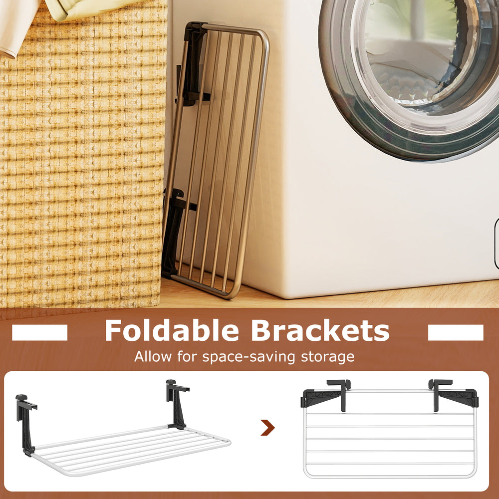 Portable aluminum clothes drying rack with adjustable, foldable brackets for space-saving storage and easy portability.