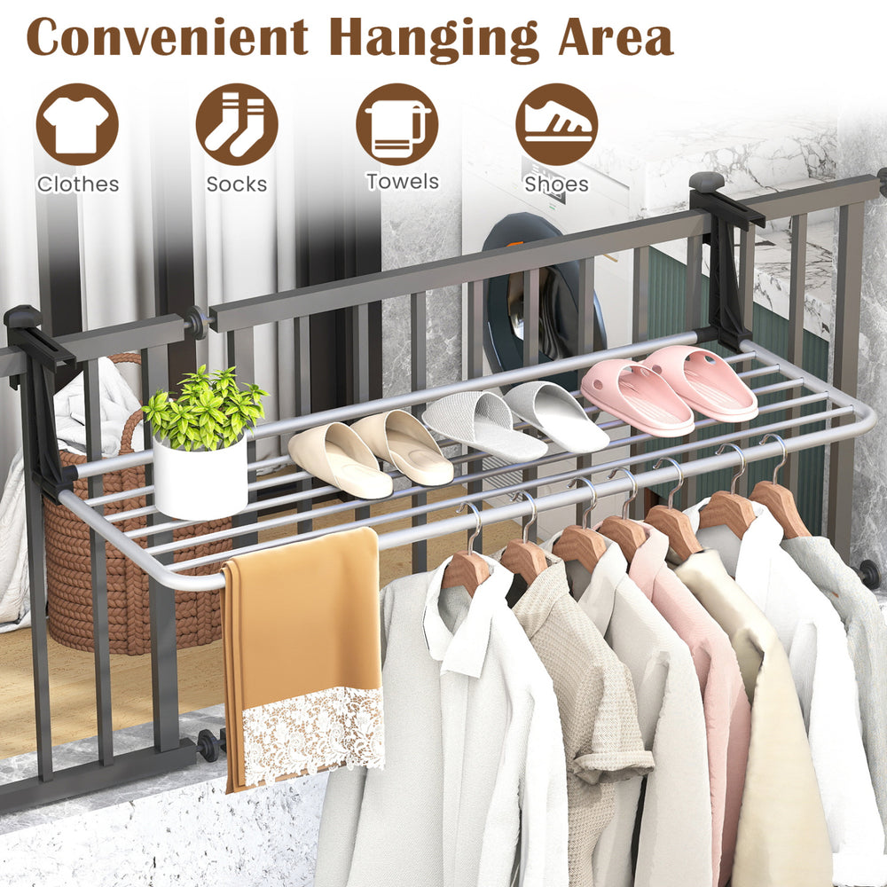 Portable clothes drying rack with aluminum frame, featuring retractable hooks for drying clothes, socks, towels, and.