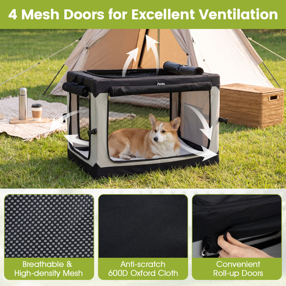 Portable collapsible soft dog crate with 4 mesh doors, removable mat, and storage pocket for convenient travel and organization.