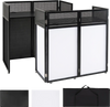 Portable DJ booth in black with adjustable feet, featuring detachable tabletop and versatile scrims for lighting effects.