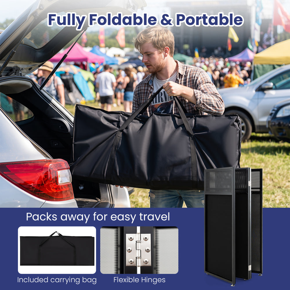 Portable DJ booth in black with adjustable feet, fully foldable design, and included carrying bag for easy travel.