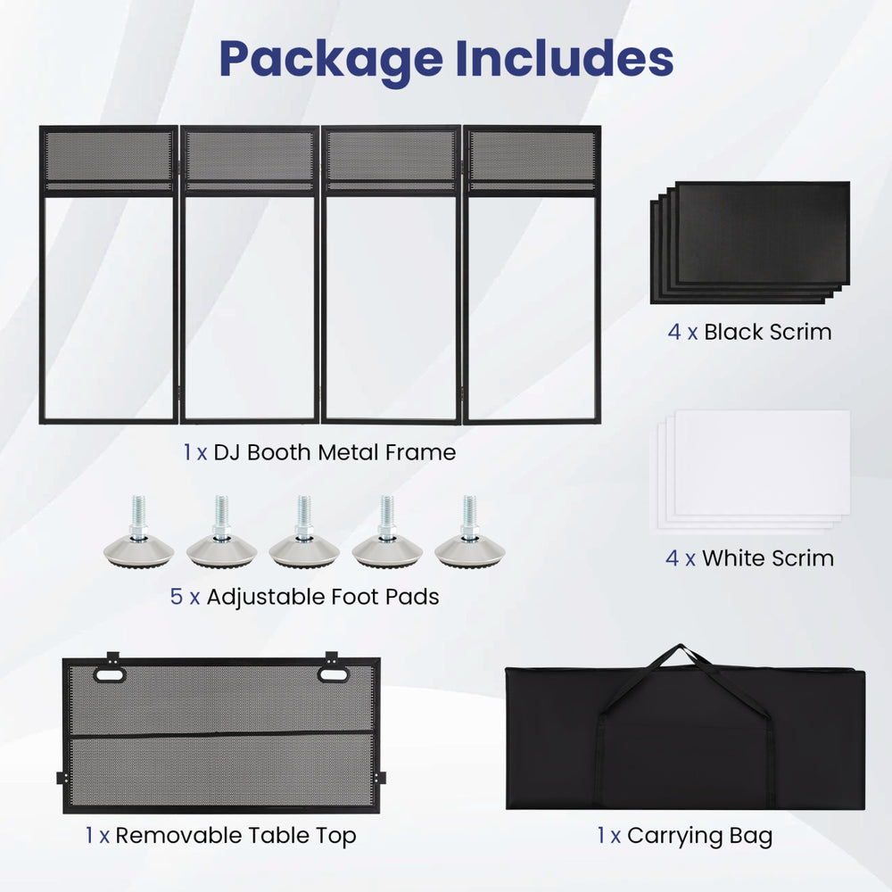 Portable DJ booth in black with adjustable feet, detachable tabletop, and included scrims for versatile stage setups.