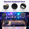 Spacious portable DJ booth with ventilated tabletop, removable corner shelves, and cable management for a tidy setup.