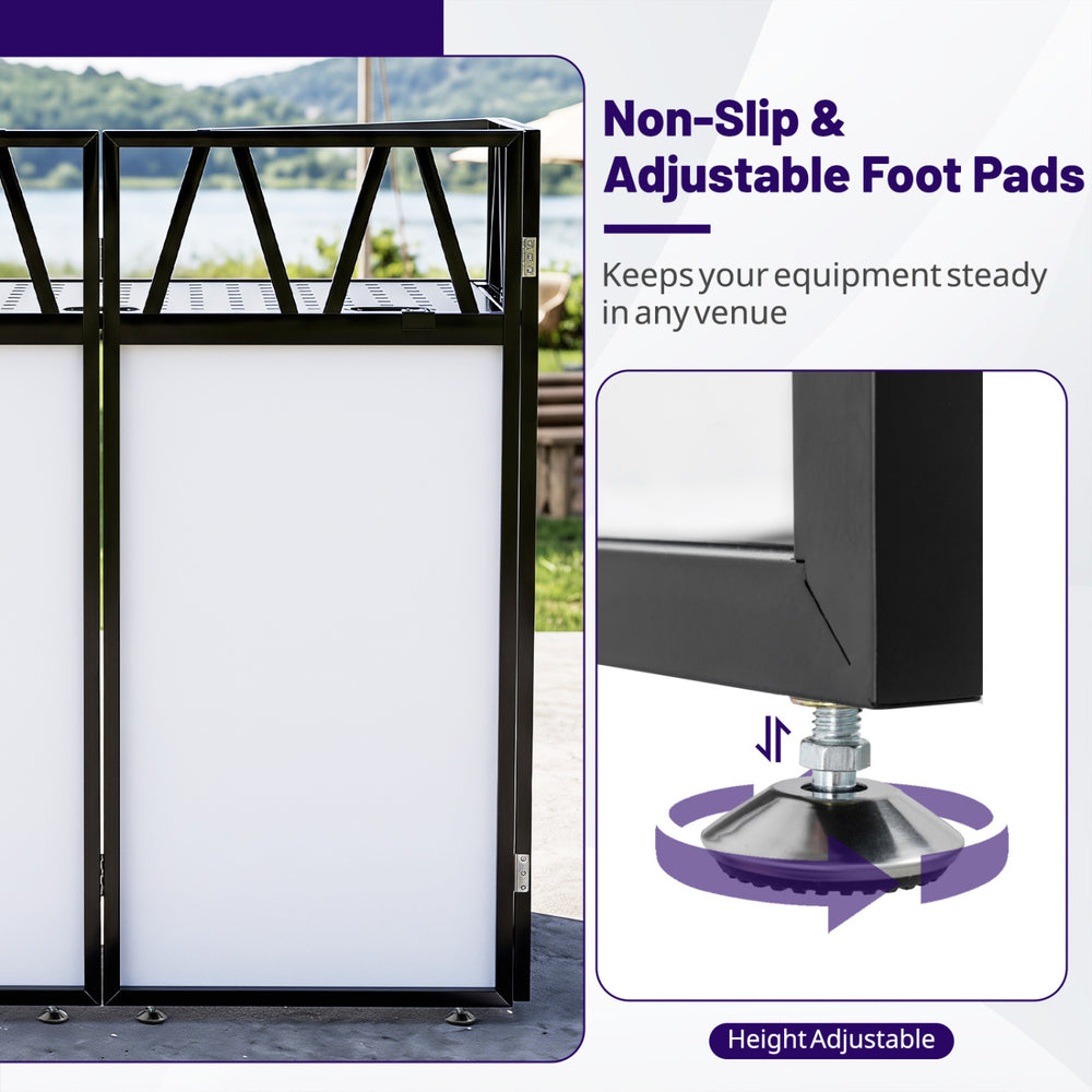 Non-slip and adjustable foot pads ensure stability for the Portable DJ Booth with black scrims in any venue.