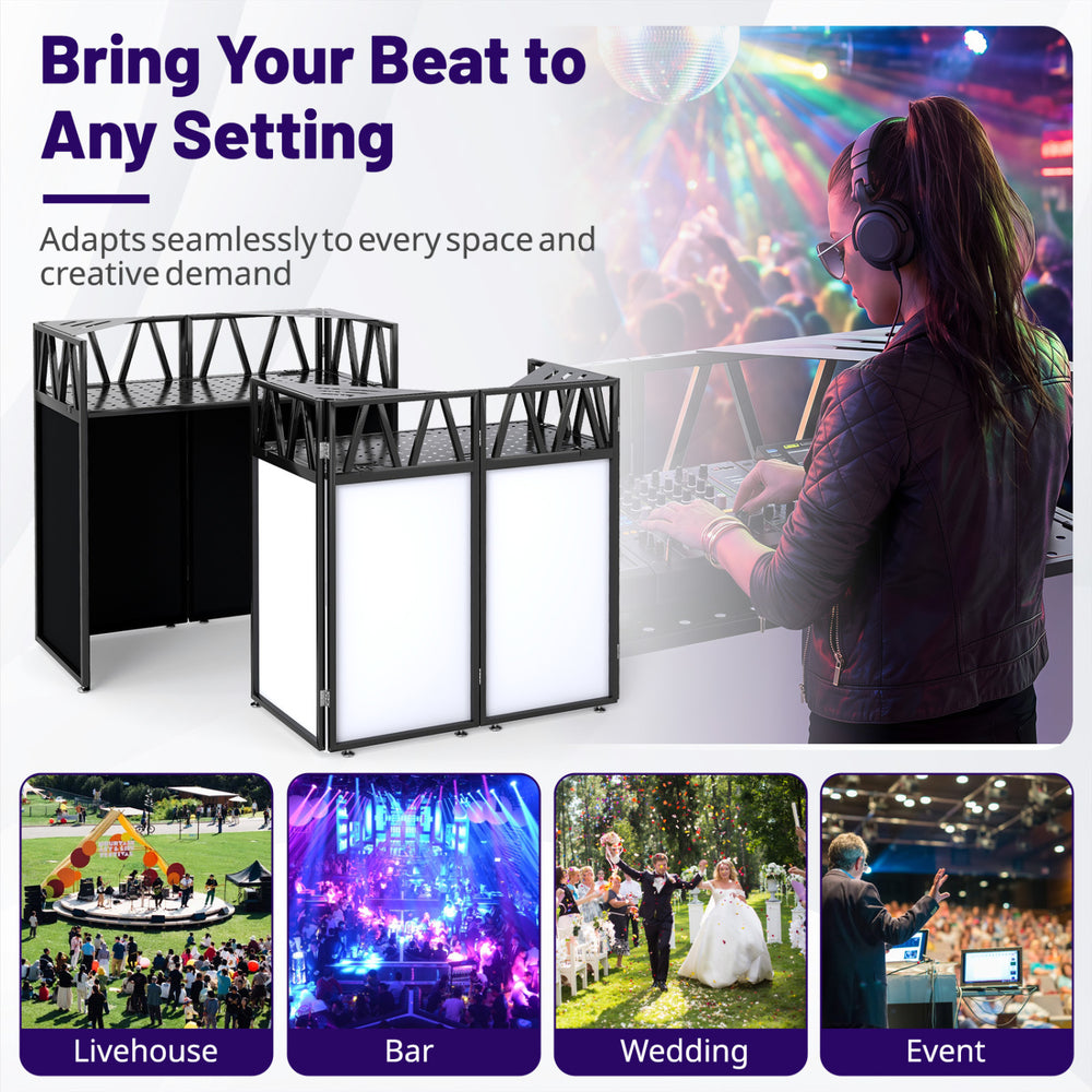Portable DJ booth with black scrims and carrying bag, featuring foldable design and adaptable for any event setting.