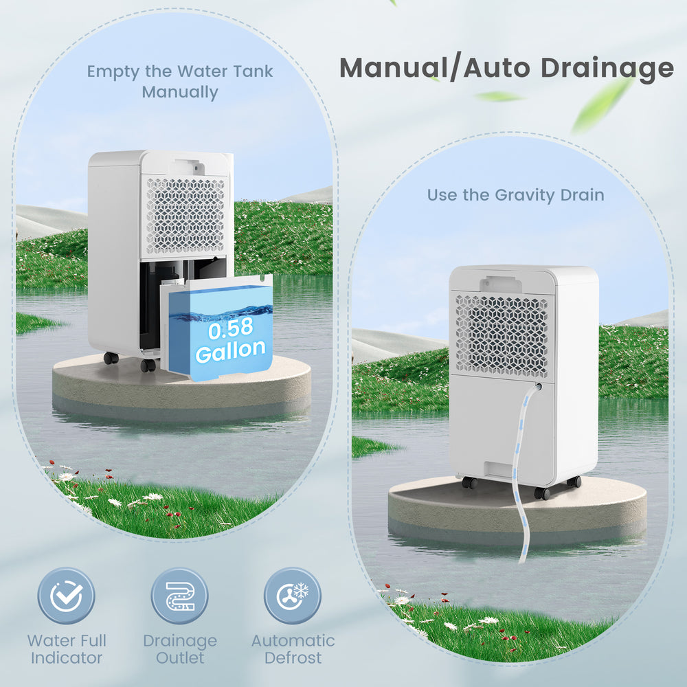 32 pints dehumidifier with manual and auto drainage options, ideal for home and basement use, featuring LED display.