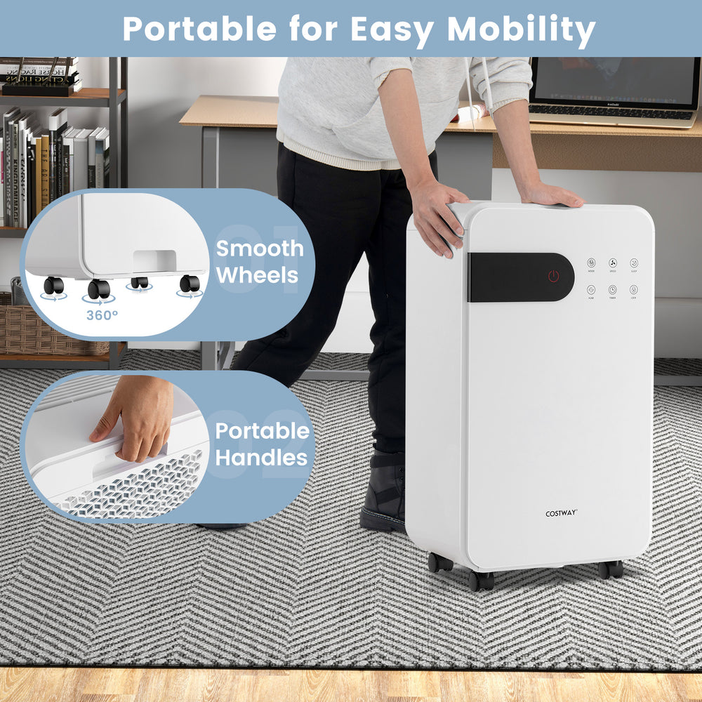 Portable 32 pints dehumidifier with smooth wheels and handles, ideal for home or basement use, featuring sleep mode.