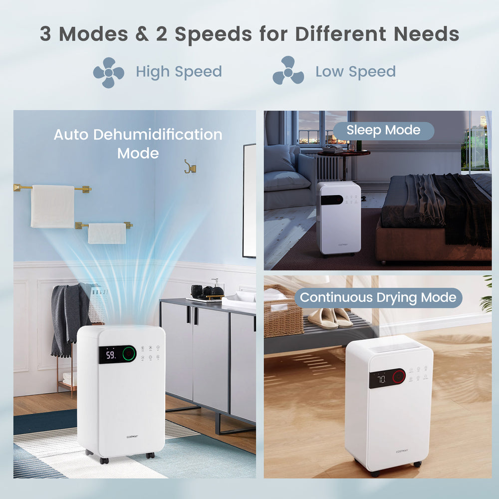 32 pints dehumidifier in white with LED display, ideal for basements, featuring sleep mode and 24-hour timer.