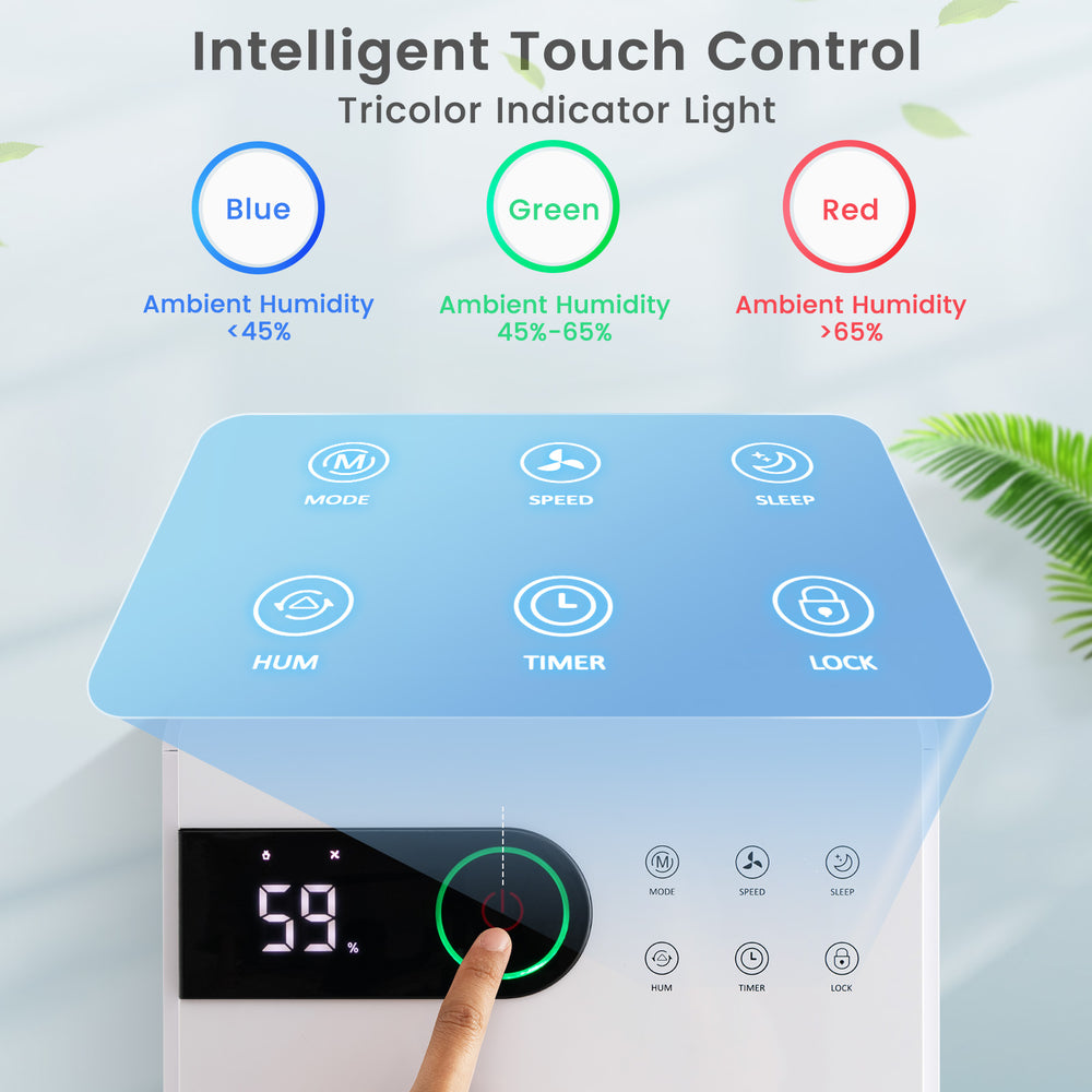Touch control panel of the 32 Pints Dehumidifier showing humidity levels and settings for home and basement use.