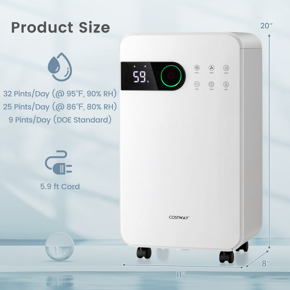 32 pints dehumidifier in white with LED display, ideal for home or basement use, featuring sleep mode and 24-hour timer.