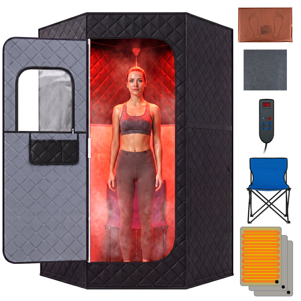 Portable black far infrared sauna box with a woman inside, designed for home full body relaxation and wellness.