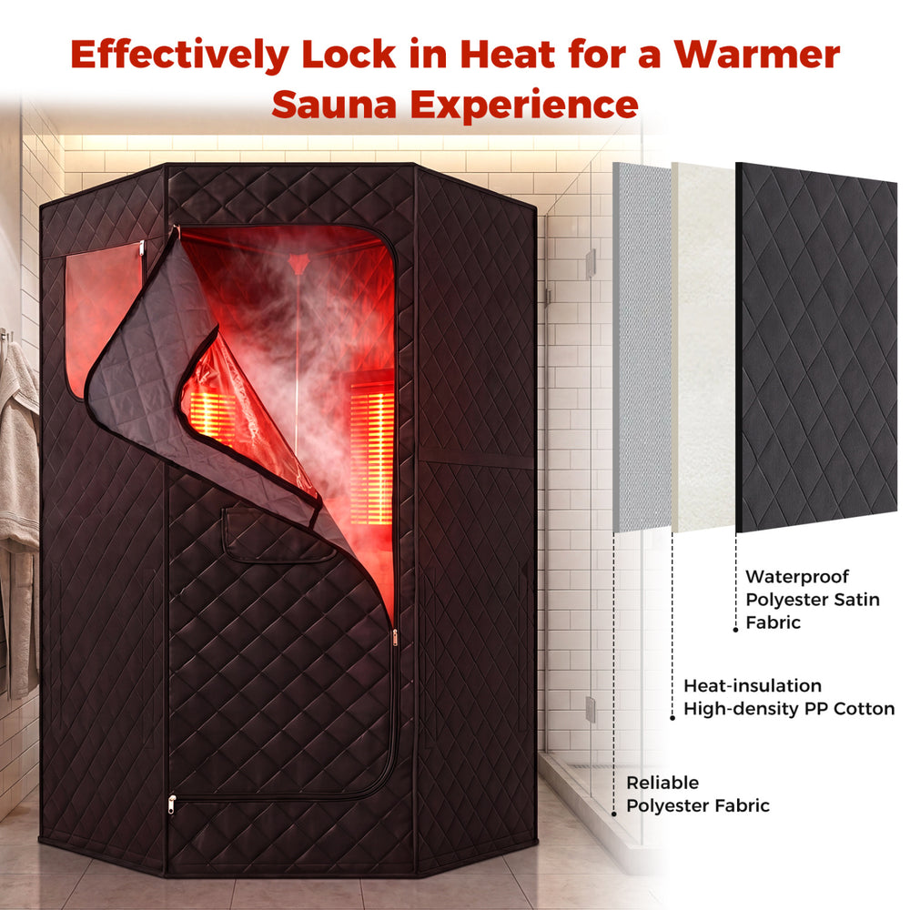 Portable black far infrared sauna box with waterproof polyester fabric for a full body sauna experience at home.