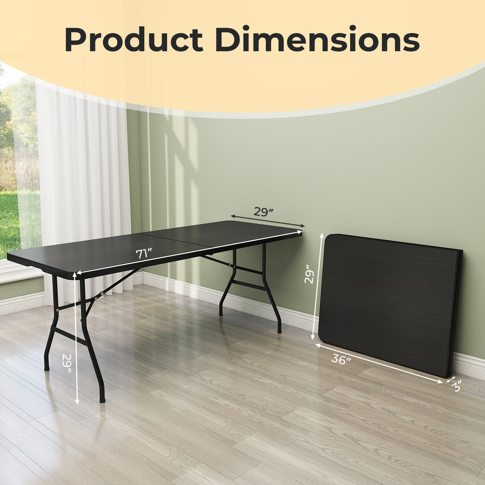 Portable folding camping table shown in black, measuring 71" x 29", perfect for outdoor picnics and indoor use.