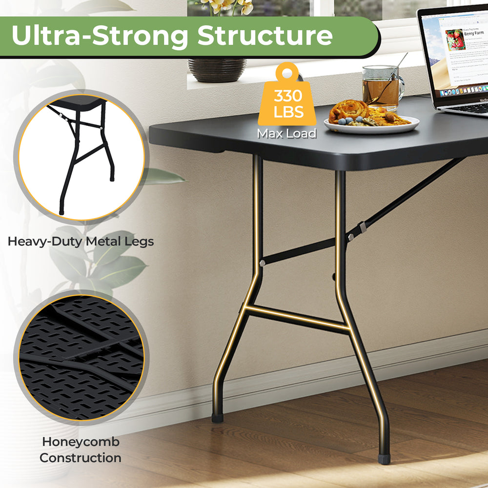Portable folding camping table with heavy-duty metal legs and honeycomb construction, ideal for outdoor picnics and.