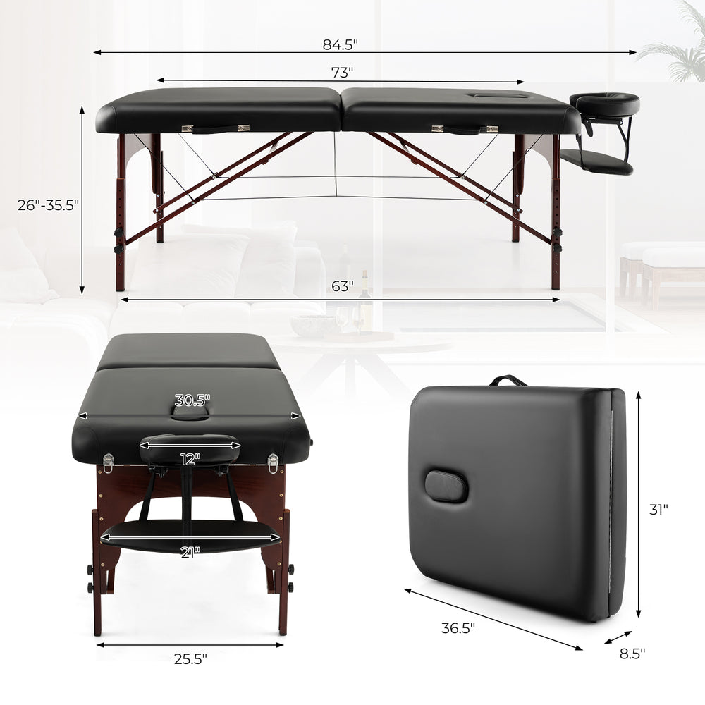 Folding massage table in black with adjustable height, memory foam padding, and beech wood frame for comfort and.