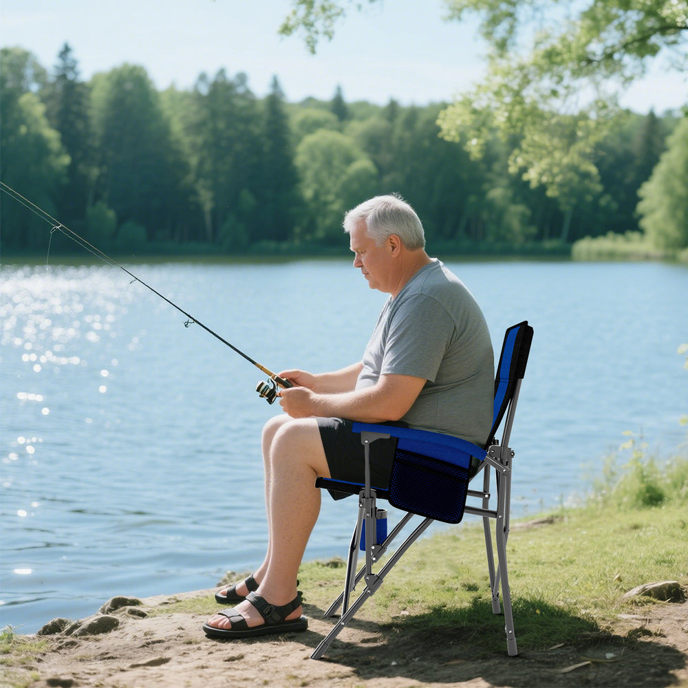 Portable folding camping chair in navy with cup holder, side pocket, and robust metal frame, ideal for outdoor use.