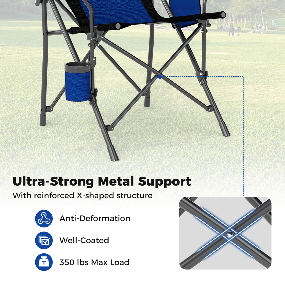 Portable folding camping chair in navy with cup holder, sturdy metal frame, and X-shaped design for stability.