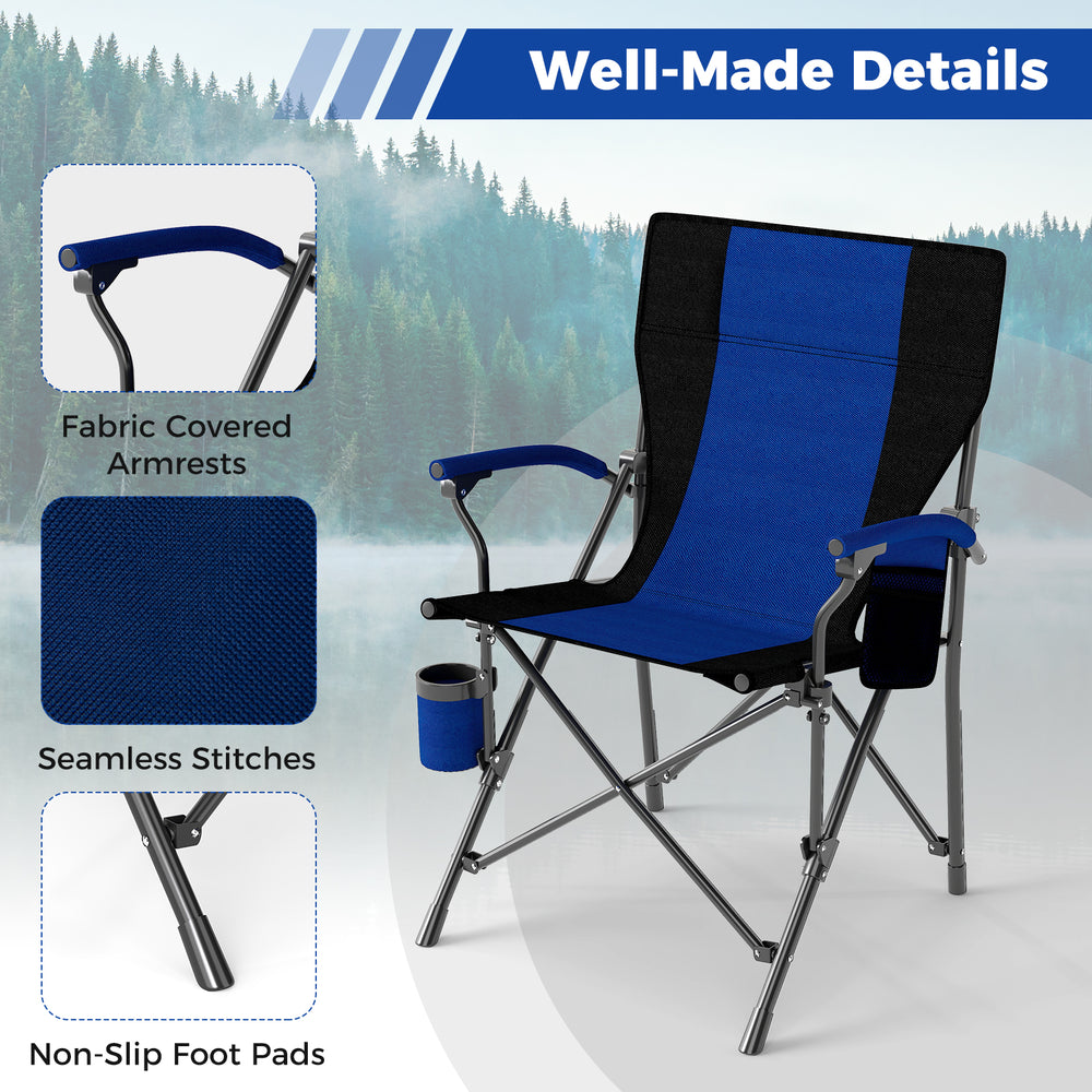Portable folding camping chair in navy with fabric-covered armrests, cup holder, and side pocket for outdoor.