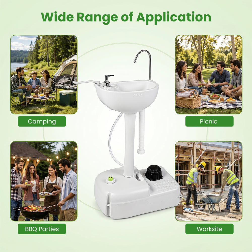 Portable foot pump camping sink with 4.5-gallon water tank, soap dispenser, and wheels for easy outdoor use.