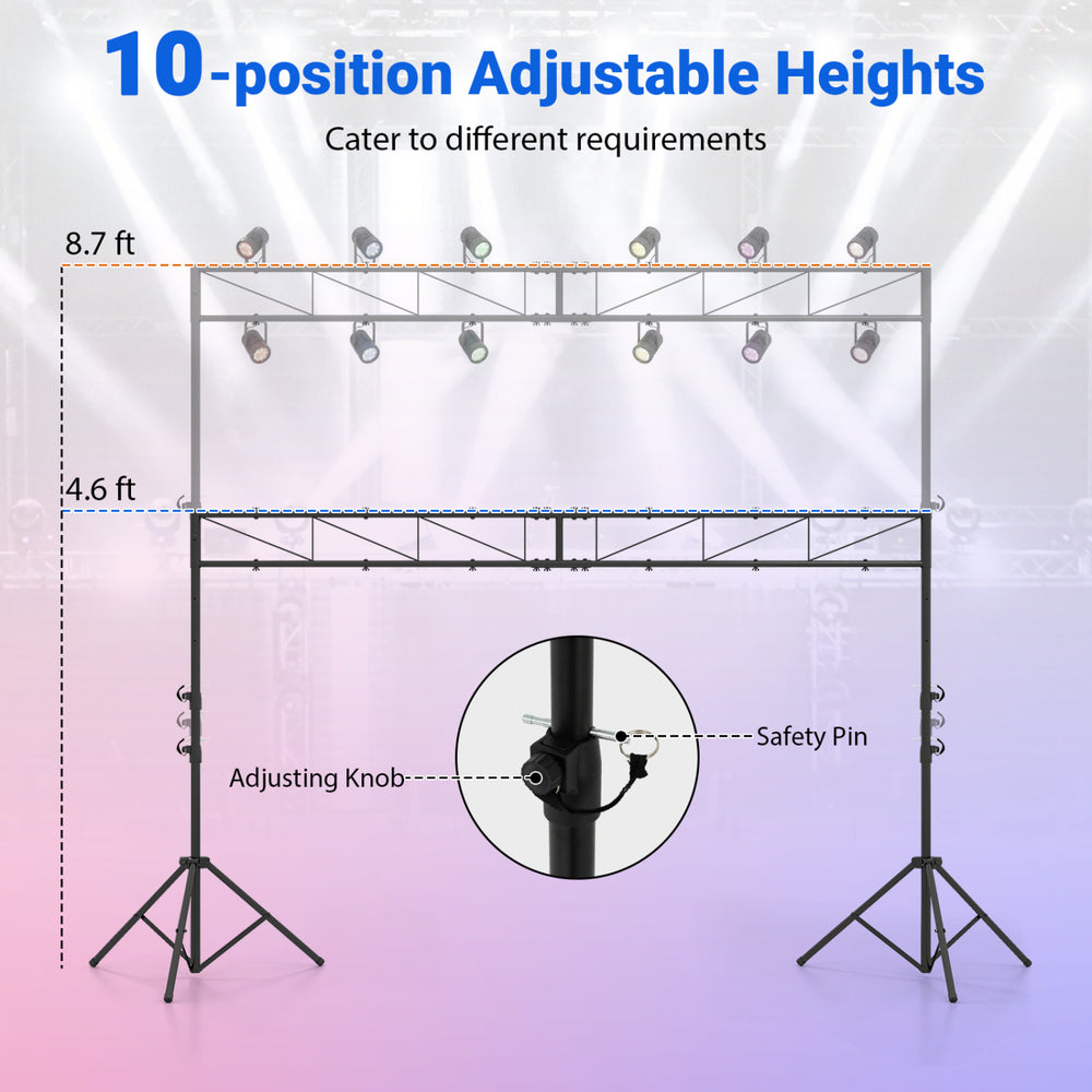 Height adjustable portable lighting truss system with 10 positions, supporting up to 12 lights for events and.