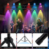 Height adjustable portable lighting truss system with triangular support and non-slip foot pads for stable event setups.