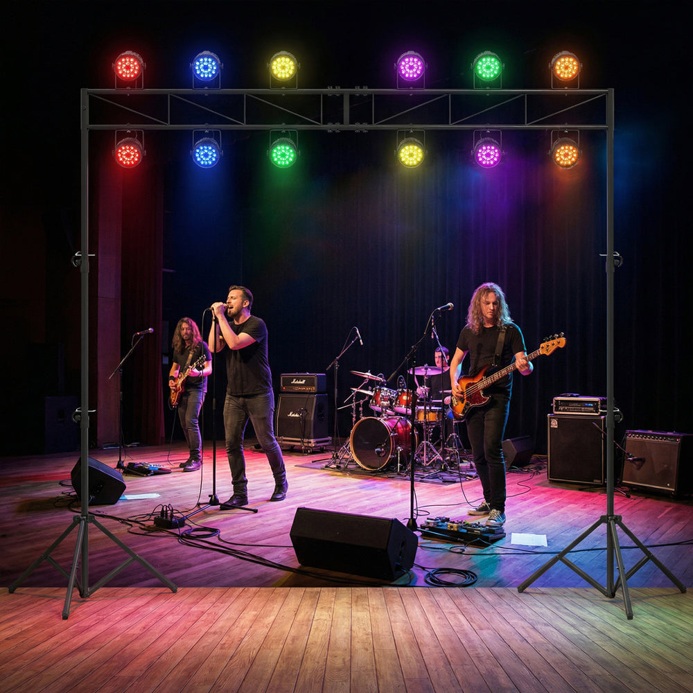 Height adjustable portable lighting truss system with two folding tripods, ideal for concerts and events.