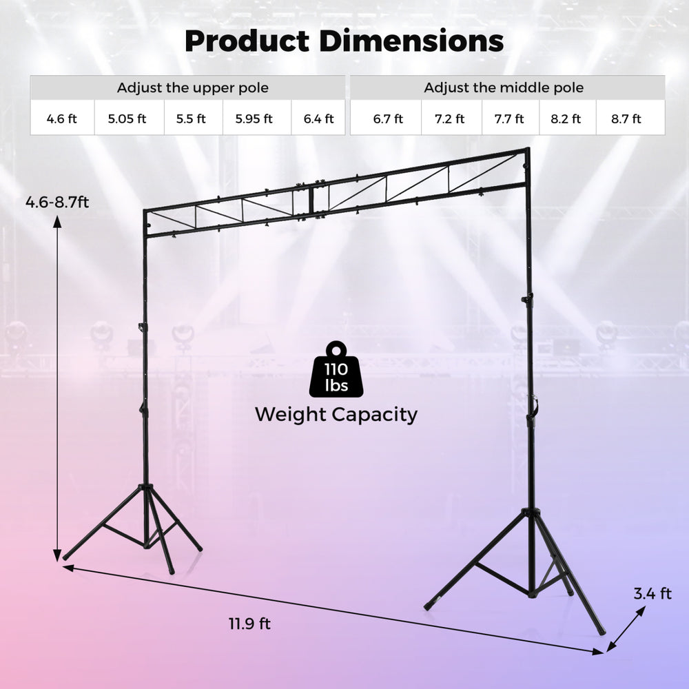 Height adjustable portable lighting truss system with folding tripods, supports up to 12 lights, ideal for events.