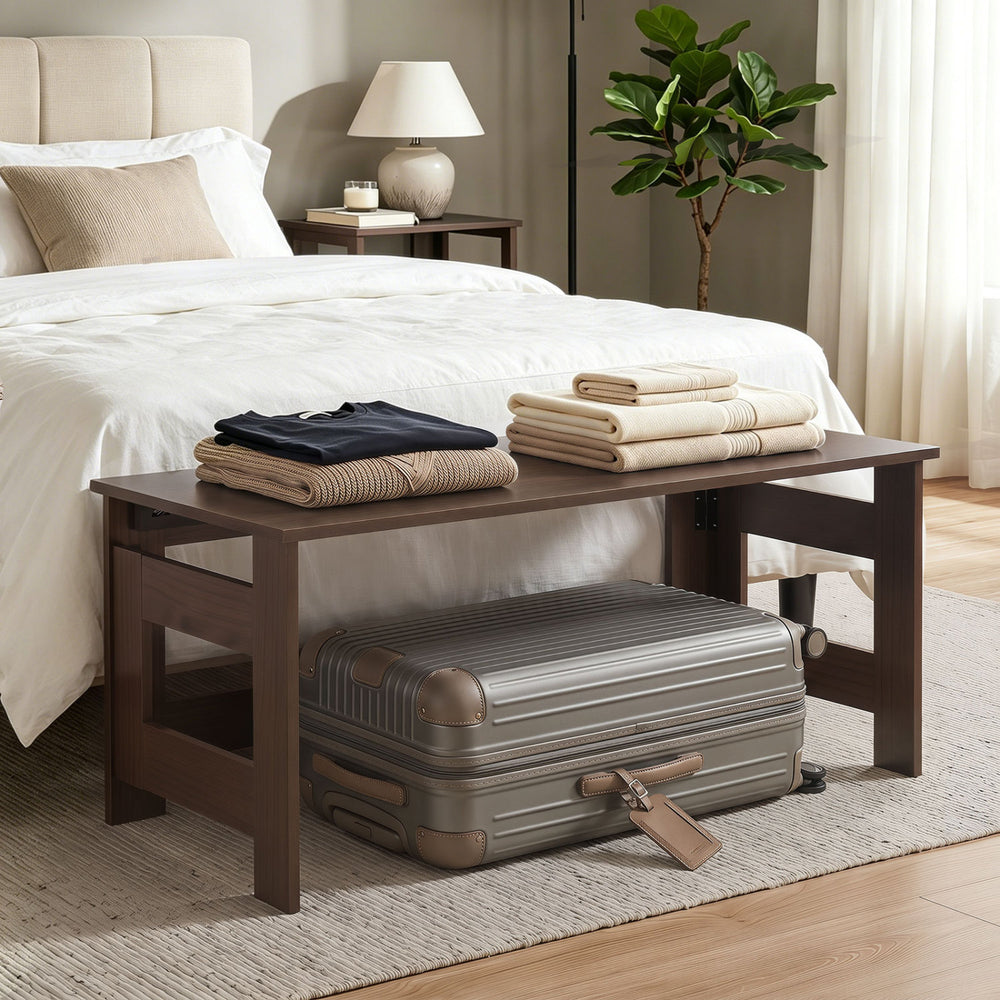 Portable low floor table in brown with foldable legs, perfect for small spaces and versatile use in living rooms.