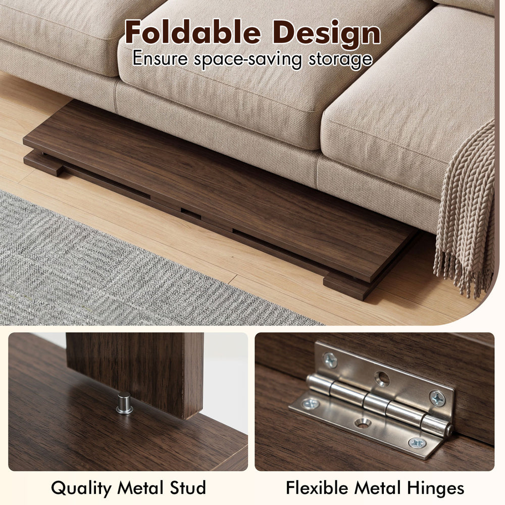 Portable low floor table with foldable legs in brown, featuring metal studs and hinges for stability and easy storage.