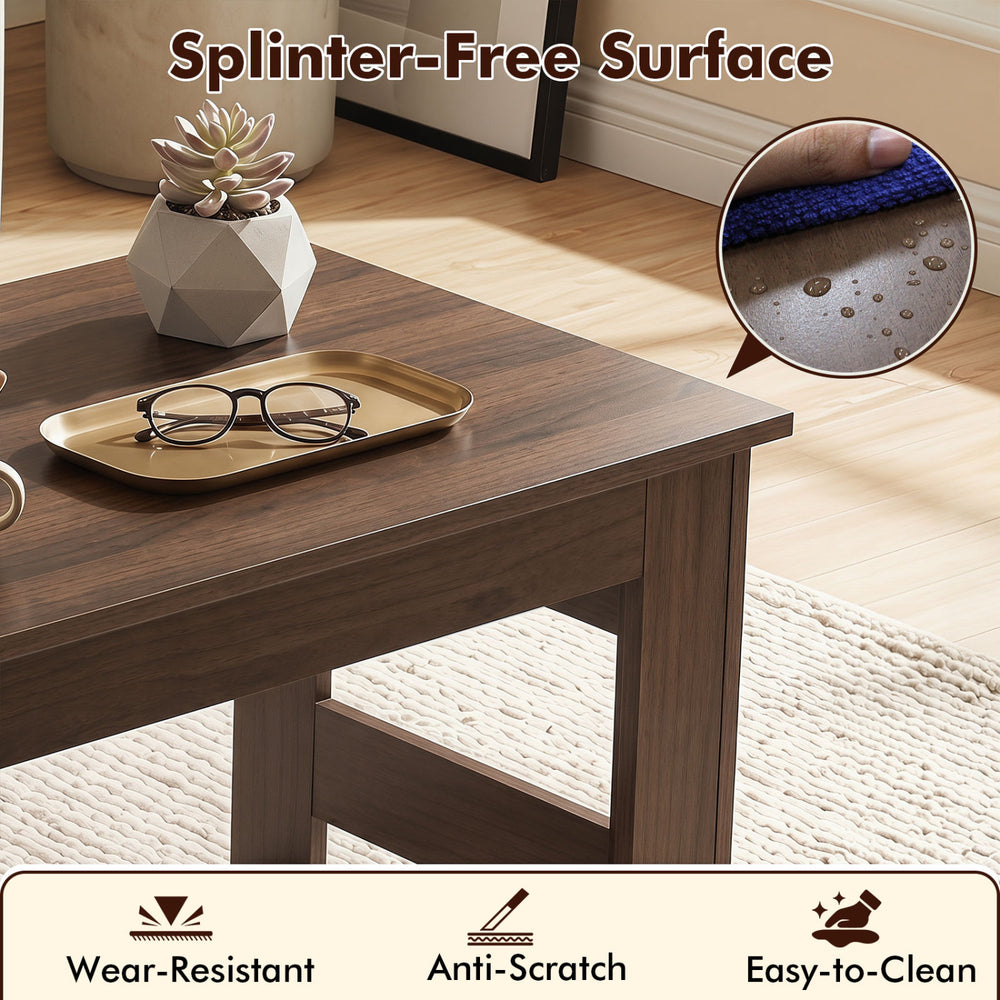 Portable low floor table in brown with foldable legs, featuring a smooth, splinter-free surface for easy cleaning.