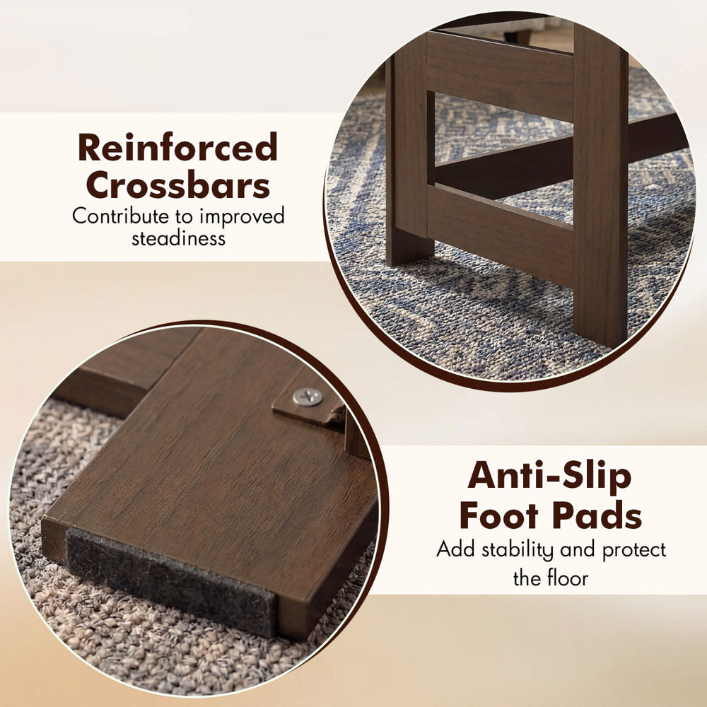 Reinforced crossbars and anti-slip foot pads enhance stability for the brown portable low floor table with foldable.