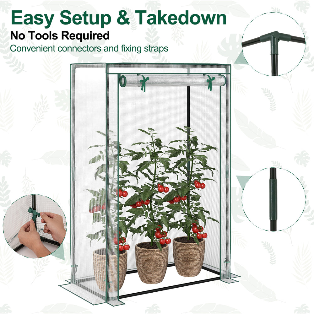 Portable mini greenhouse showcasing tool-free assembly with smart connectors and overlong covers for added stability.
