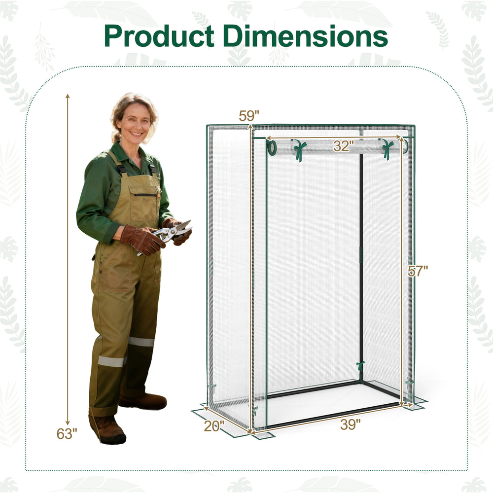 Portable mini greenhouse with roll-up zippered door, measuring 63" height, 39" width, and 20" depth for small spaces.