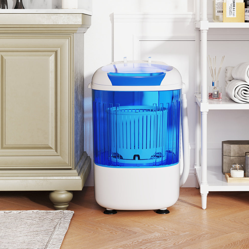 Portable mini semi-automatic washing machine in blue with 2.5 kg capacity, ideal for home or RV laundry needs.
